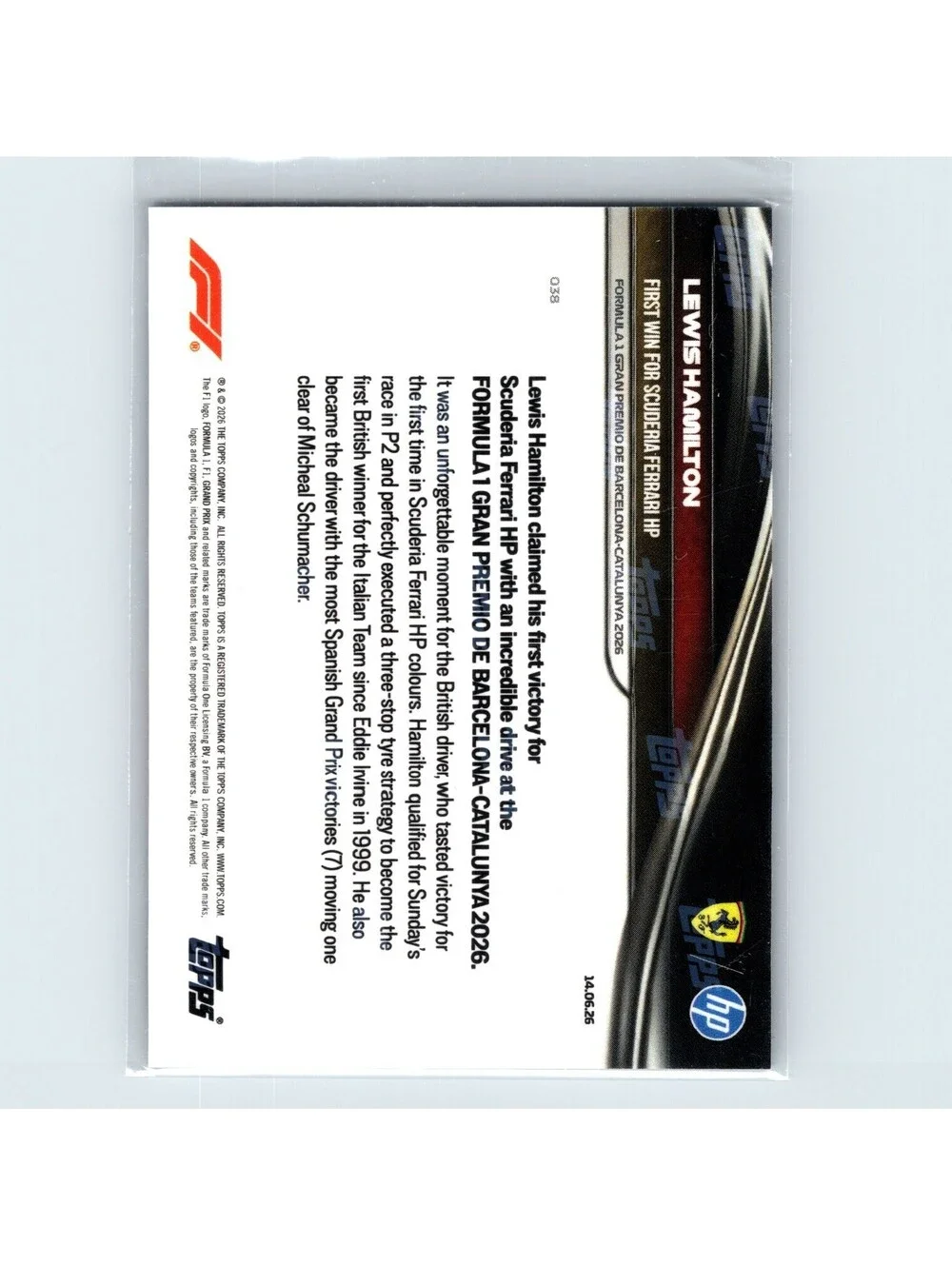 2026 Topps Now Formula 1 Lewis Hamilton #38 1st Win For Scuderia Ferrari HP